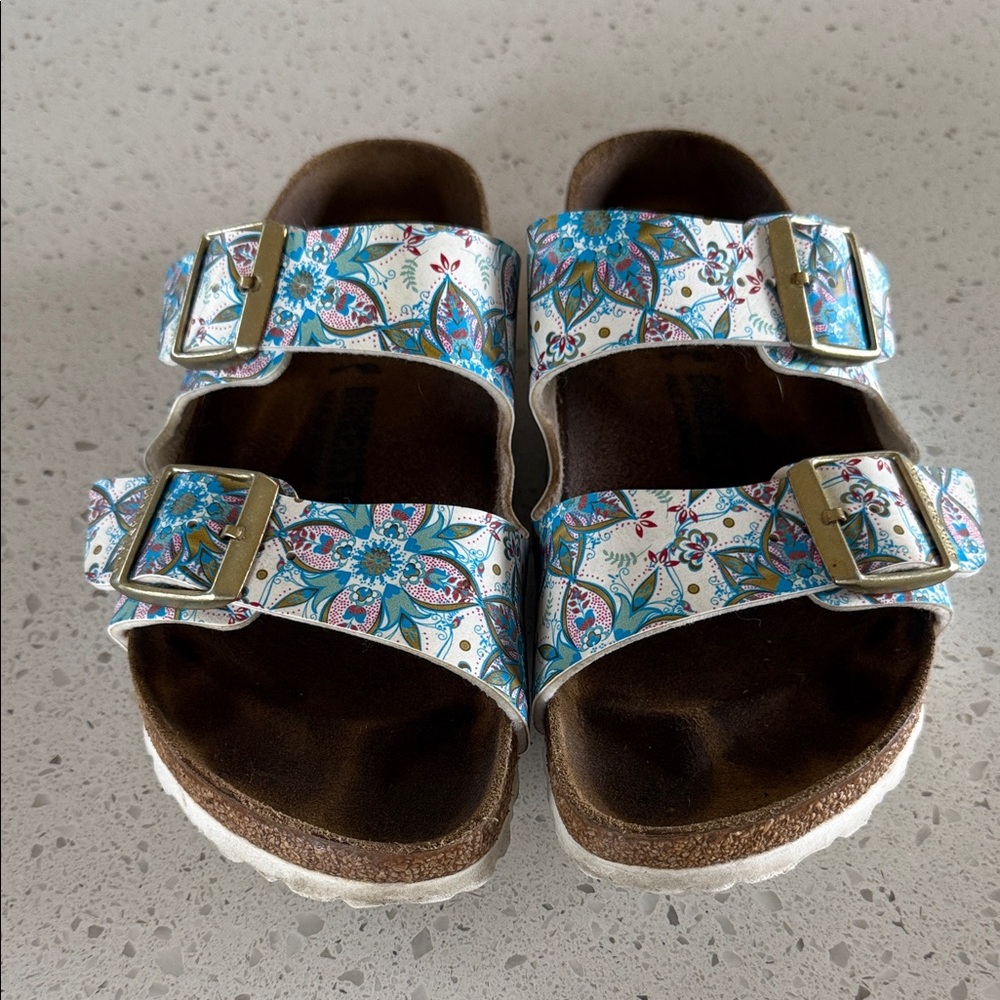 Birkenstock Blue Floral Sandals with White Soles
